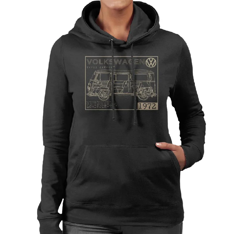 Volkswagen Type 2 Camper 1972 Schematic Light Text Women's Hooded Sweatshirt Hoodie with Hem Lace Feminine Delicate