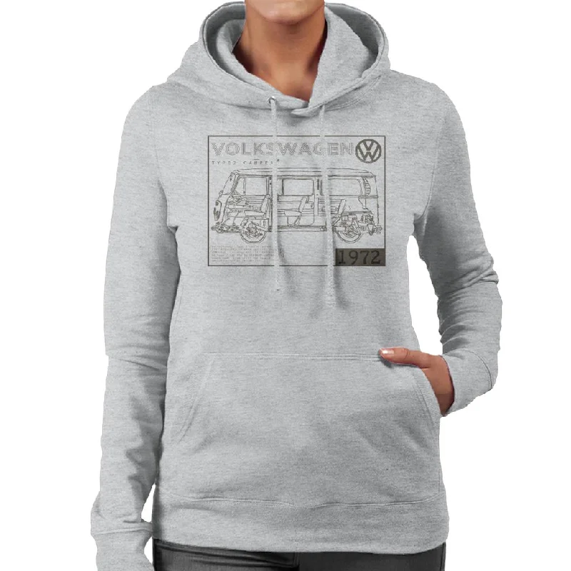 Volkswagen Type 2 Camper Schematic 1972 Dark Text Women's Hooded Sweatshirt Zip Hoodie Drawstring Kangaroo Pocket