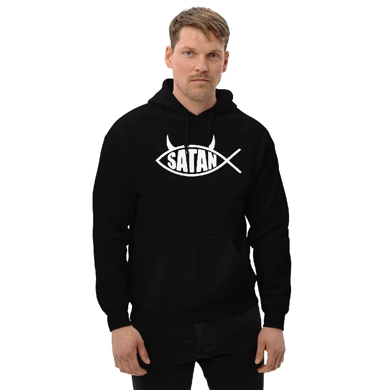 White Ichthys Satan Fish with Horns Religious Satire Hoodie Sweatshirt Hoodie with Relaxed Fit Easy Casual