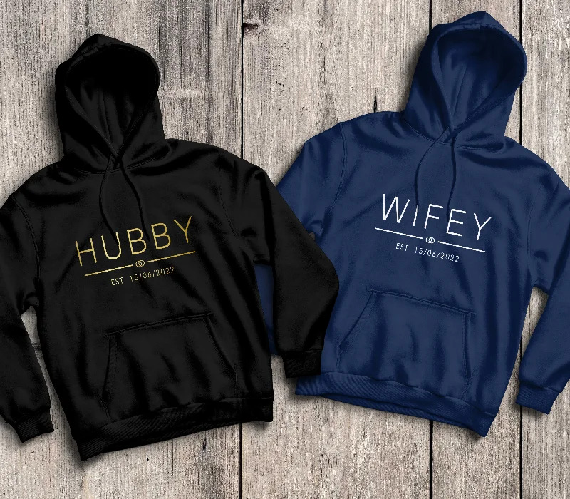 Personalised Hubby Wifey Hoodie Est Hoodie with Hood Adjustable Protection