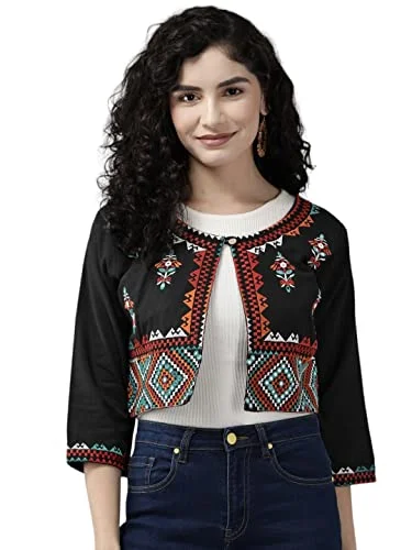 Aarika Womens Black Color Cotton Ethnic Jacket (JK-W-AK-506-BLACK-42) Zippered Front Buttoned Front Snap Front