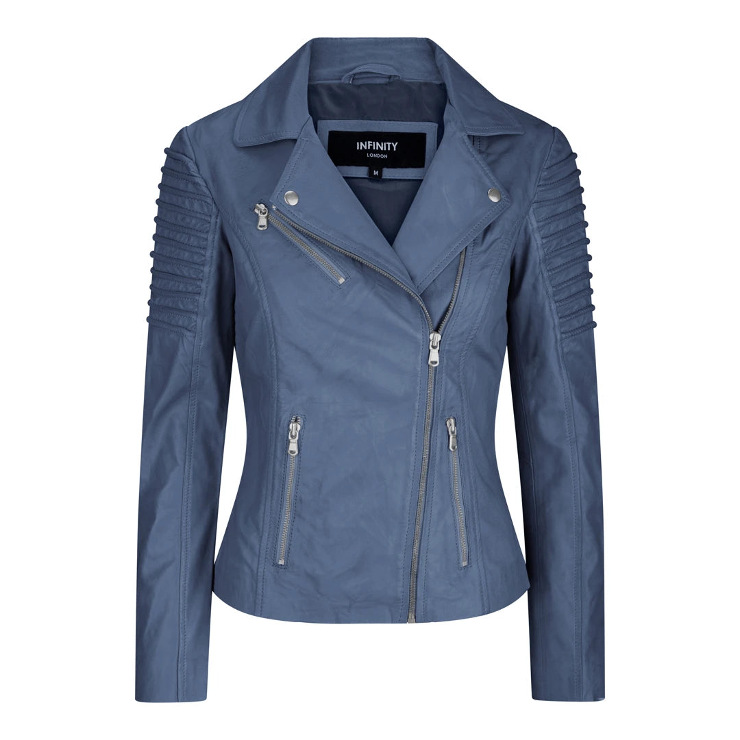 Women's Leather Blue Biker Jacket A-Line Jacket Boat Neck Shawl Collar