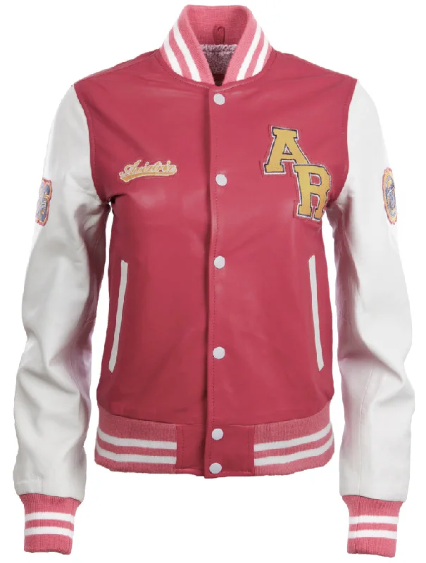 YWVV Women's Varsity Jacket - Pink/White Appliqued Jacket Beaded Jacket Sequined Jacket