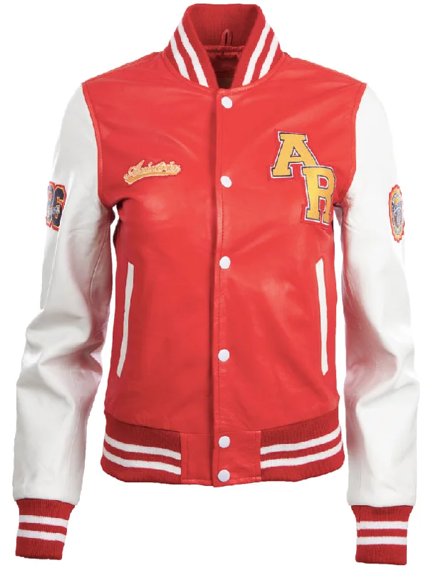 YWVV Women's Varsity Jacket - Red/White Welt Pockets Slit Pockets Flap Pockets