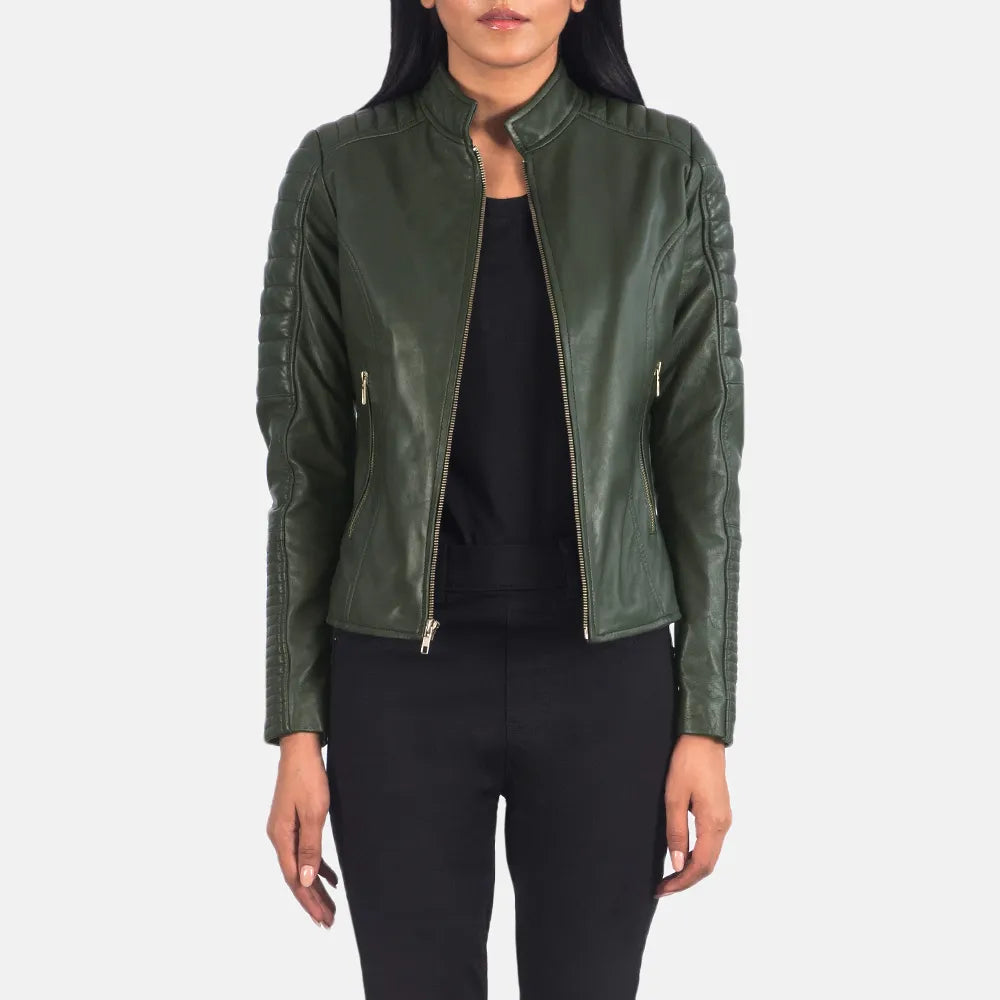 Biker Jacket Green - Sheepskin Leather V-Neck Jacket Boat Neck Jacket Square Neck Jacket