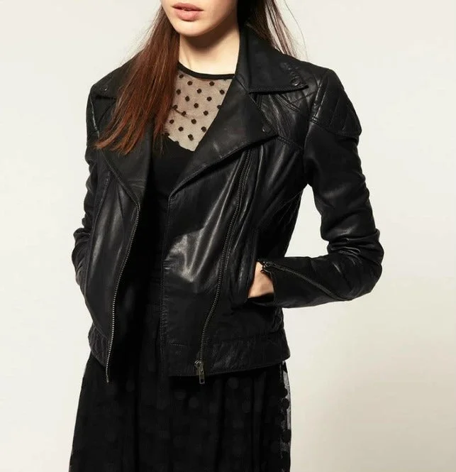 Black Leather Moto Jacket for Women Anorak Shell Jacket Lightweight Jacket