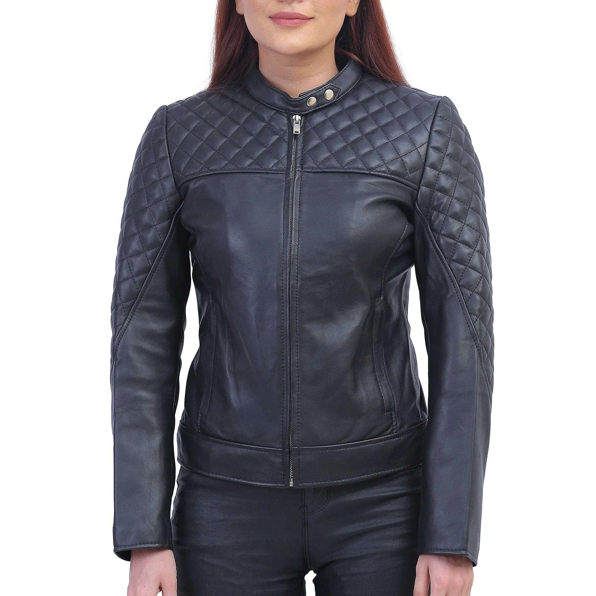 Womens Black Quilted Cafe Racer Jacket Toggled Jacket Drawstring Jacket Belted Jacket