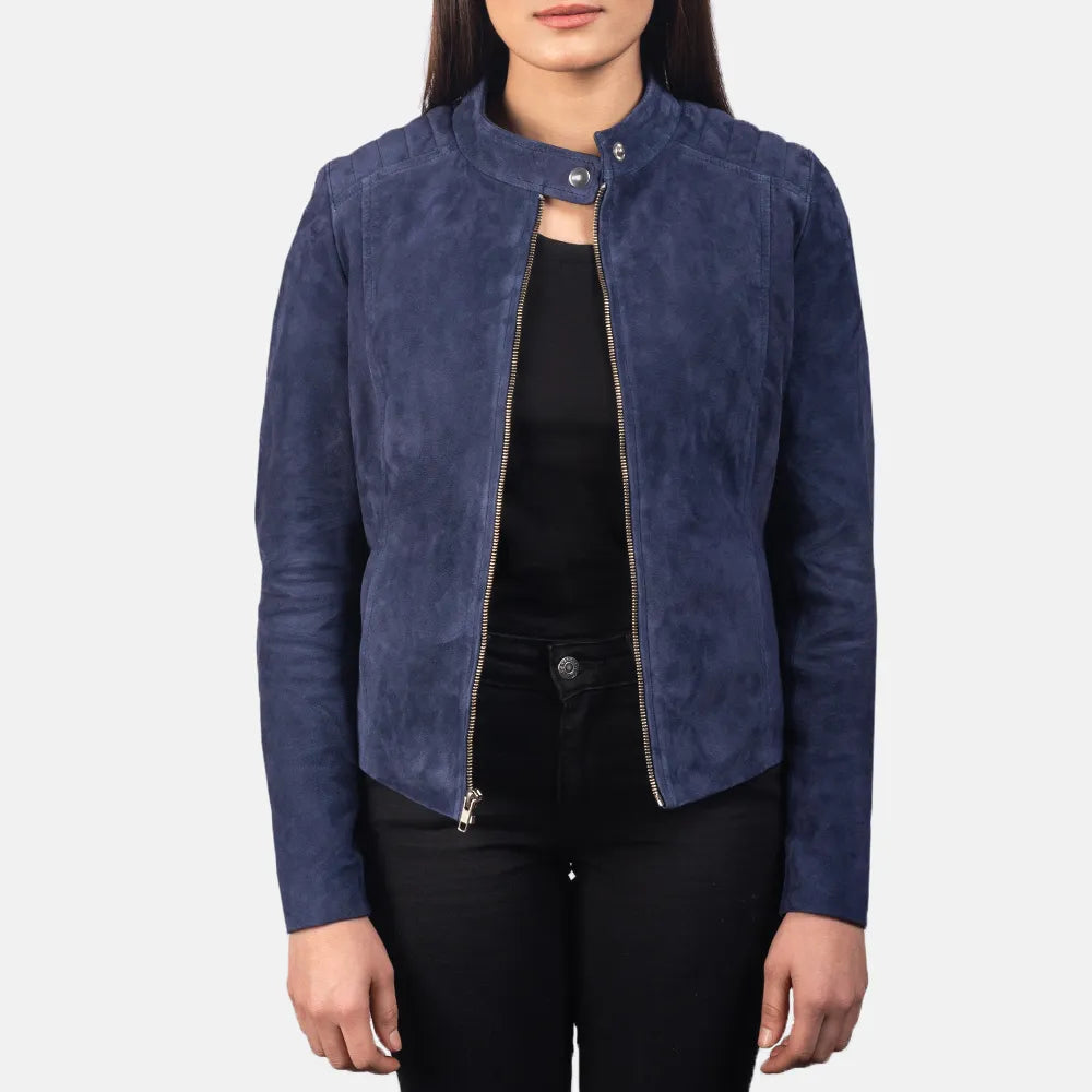 Navy Blue Suede Jacket Women's For Bikers Wool Jacket Cashmere Jacket Tweed Jacket