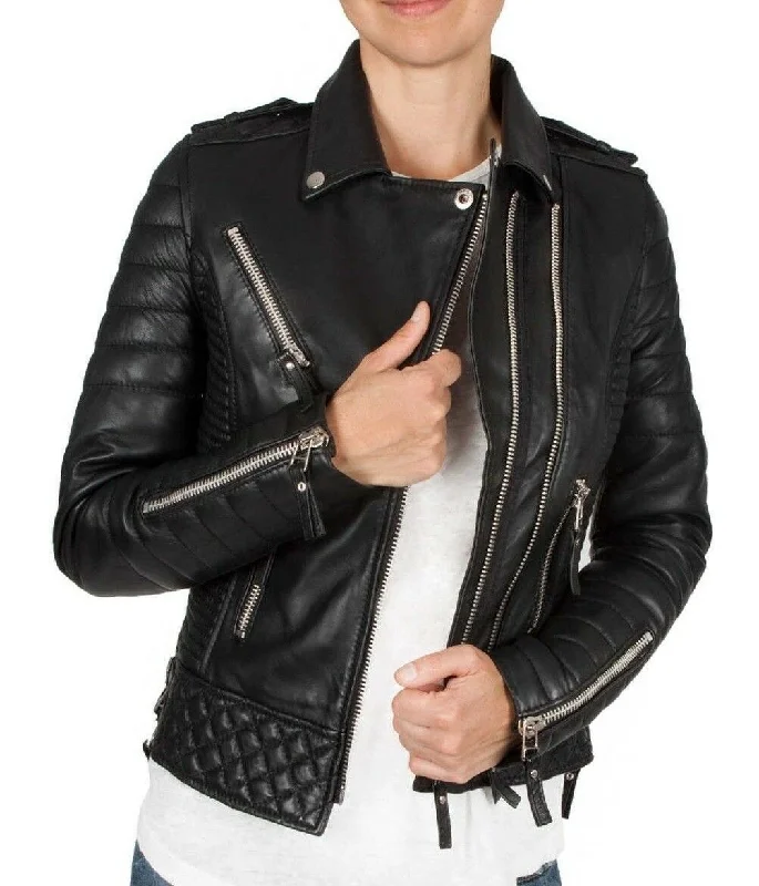 Women's Genuine Lambskin Leather Motorcycle Slim fit Designer Biker Jacket Black Silver Zippers Satin Jacket Silk Jacket Chiffon Jacket