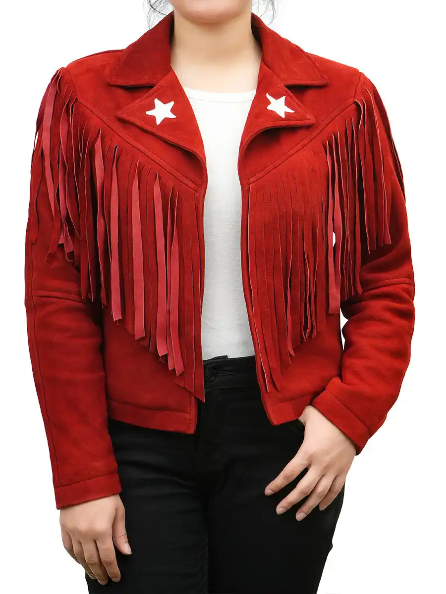 Erika Red Suede Fringe Jacket Denim Fabric Leather Fabric Suede Fabric