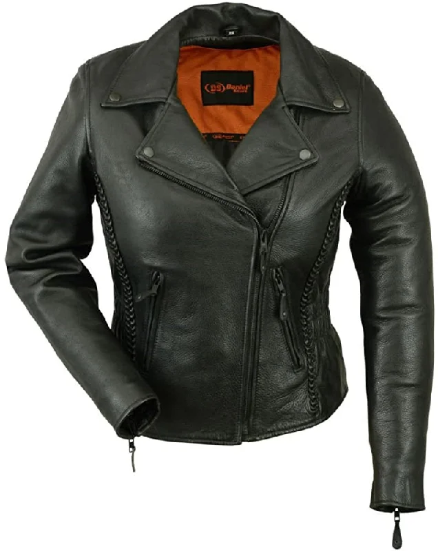 First Manufacturing DS866 Women’s Black Leather Motorcycle Jacket Chenille Fabric Brocade Fabric Lace Fabric