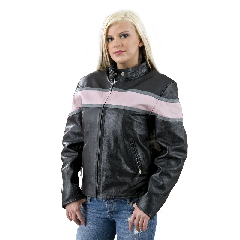 Genuine Leather EL7111 Ladies Black and Pink Racer Style Leather Jacket Nylon Fabric Polyester Fabric Spandex Fabric