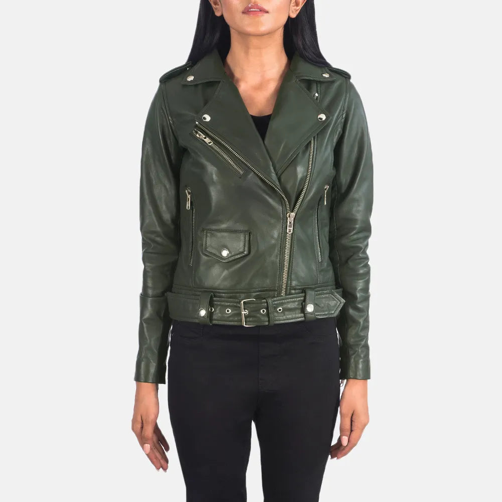 Green Biker Jacket Women - Sheepskin Leather Cardigan Sweater Pullover