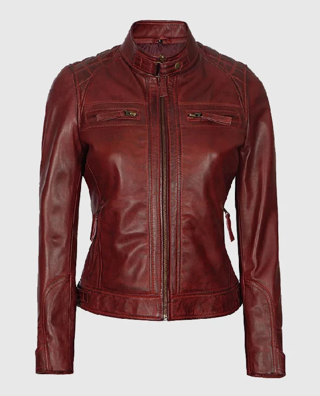 Johnson Women's Brown Quilted Cafe Racer Genuine Leather Jacket Insulated Jacket Fitted Jacket Loose Jacket