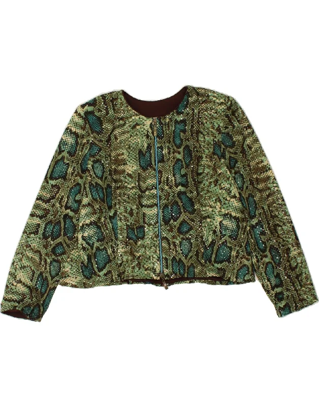 JOSEPH RIBKOFF Womens Full Zip Biker Jacket UK 22 2XL Green Animal Print Zippered Front Buttoned Front Snap Front