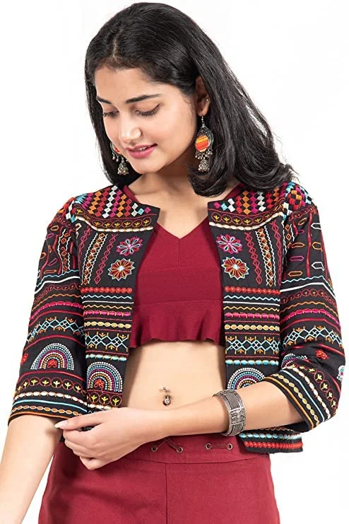 Kaamaha Women's Ethnic Embroidered Work Shrug Jacket Koti JKT 120 BLK new Fitted Jacket Loose Jacket Oversized Jacket