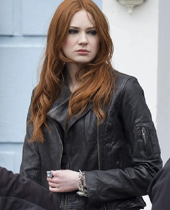 Karen Gillan Doctor Who TV Series Leather Jacket Boat Neck Shawl Collar Notched Collar