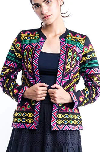 kasya Women's All over Embroidered Jacket with Mirror Work (Large) Striped Jacket Polka Dot Jacket Floral Jacket