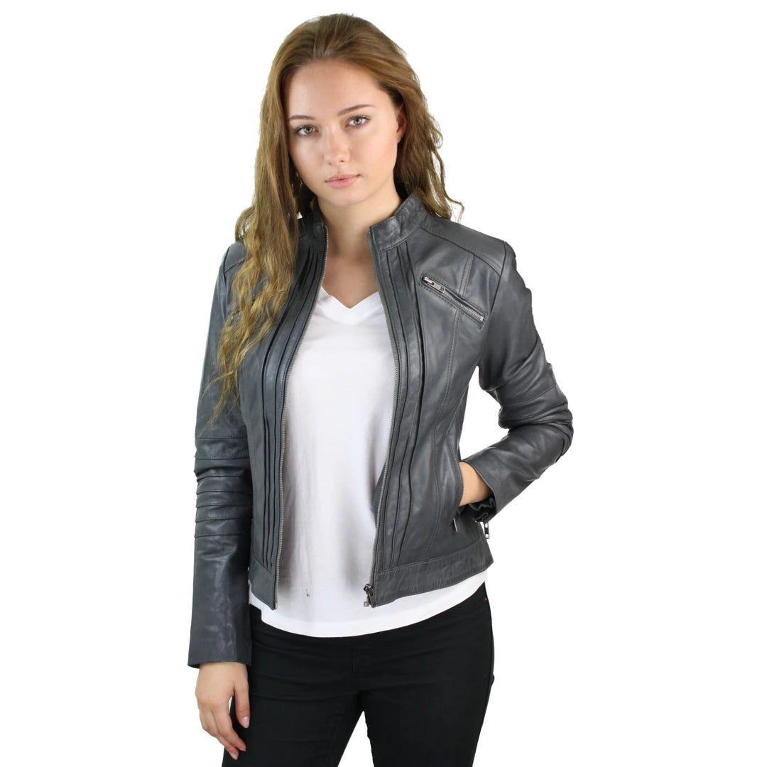 Women's Biker Jacket Leather Zipped Fit Nehru Collar Jersey Jacket Tulle Jacket Batik Jacket