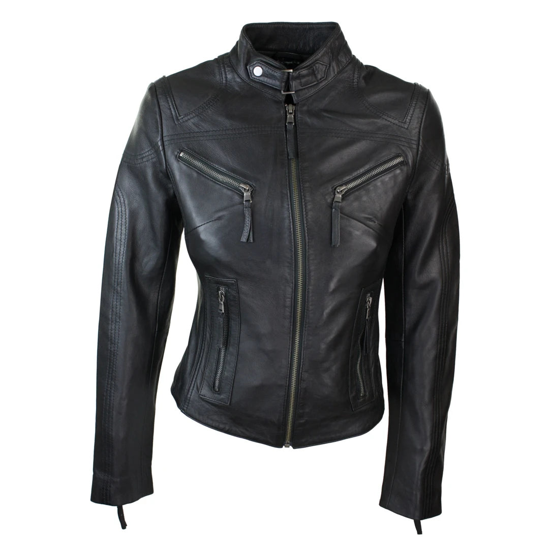 Women's Leather Black Tan Biker Jacket Wool Jacket Cashmere Jacket Tweed Jacket