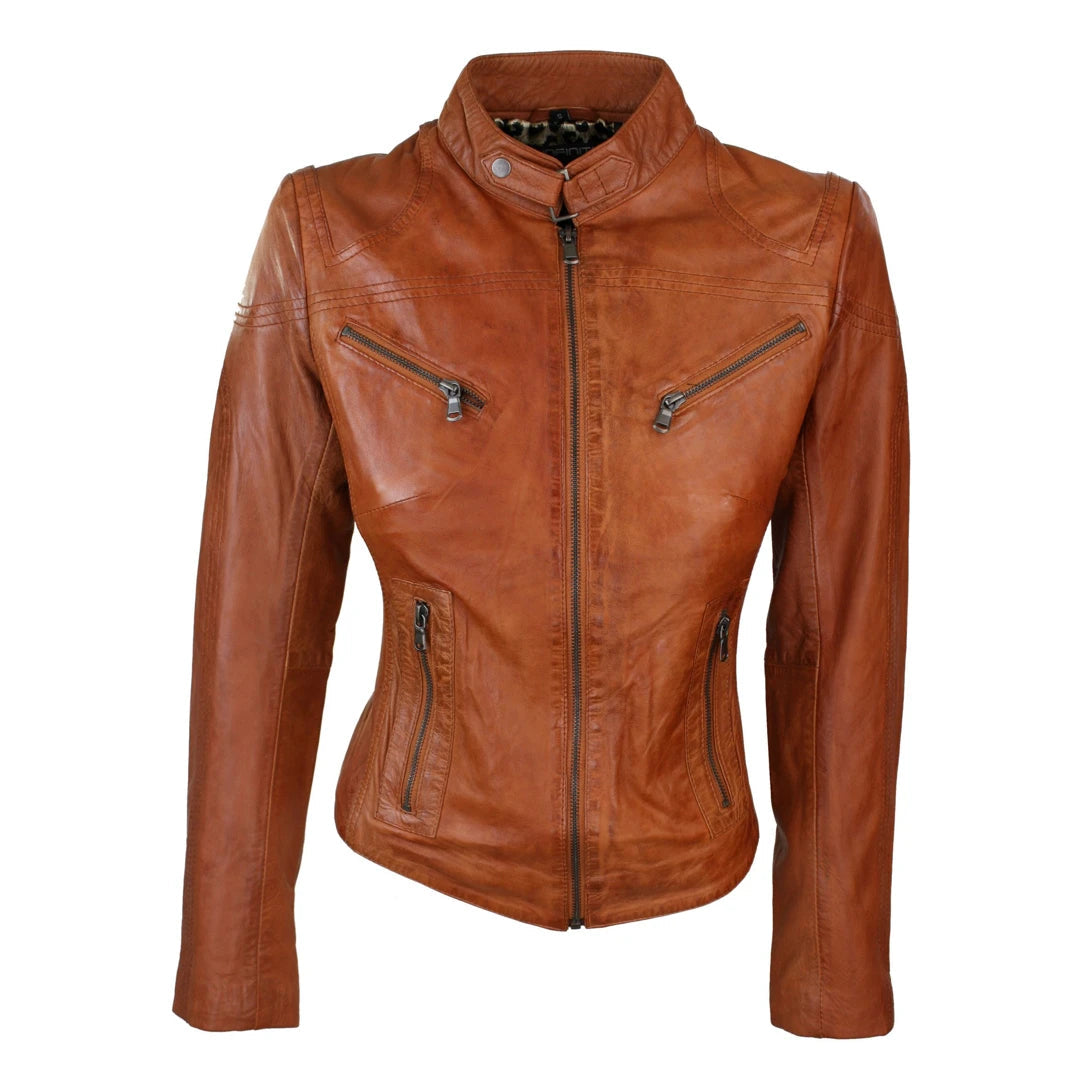 Women's Leather Black Tan Biker Jacket V-Neck Jacket Boat Neck Jacket Square Neck Jacket