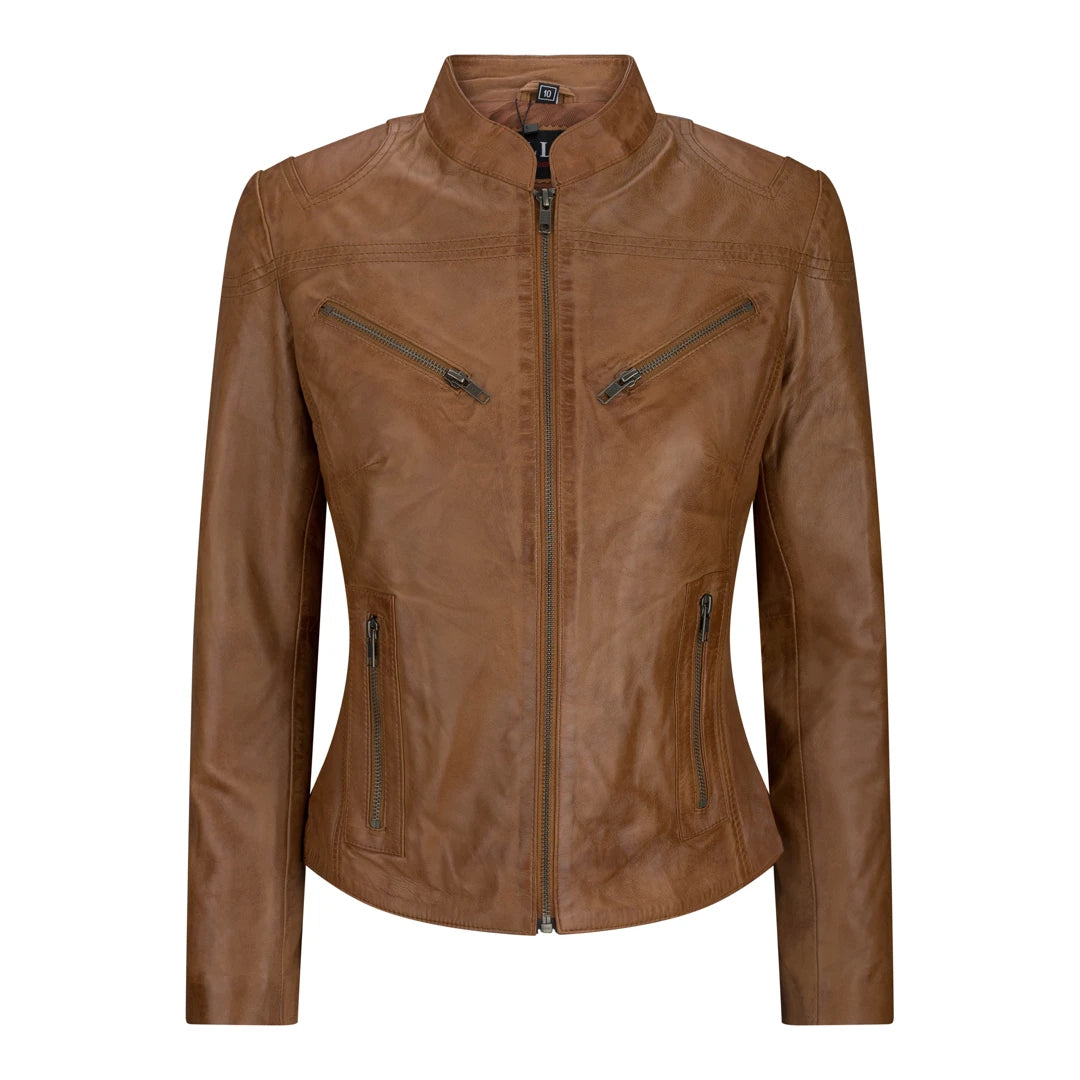 Women's Leather Fitted Biker Short Timber Jacket Boat Neck Shawl Collar Notched Collar