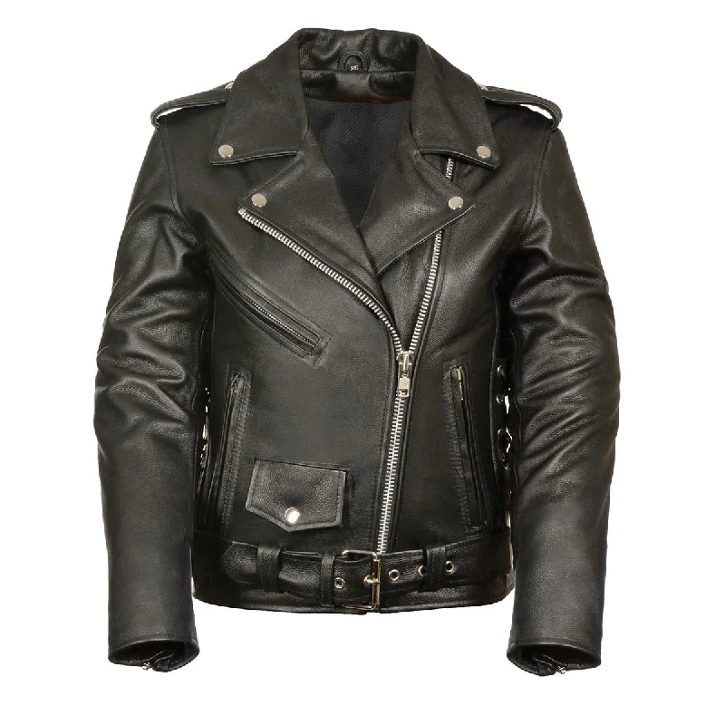 Ladies XS603 Classic Black Motorcycle Leather Jacket Collared Jacket Crew Neck Jacket Turtle Neck Jacket