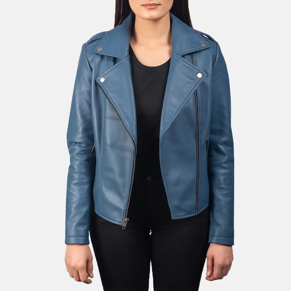 Leather Biker Jacket Blue in Sheepskin Leather Welt Pockets Slit Pockets Flap Pockets