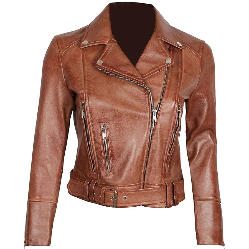 Margaret Brown Leather Asymmetrical Women's Slim Fit Biker Jacket Wool Jacket Cashmere Jacket Tweed Jacket