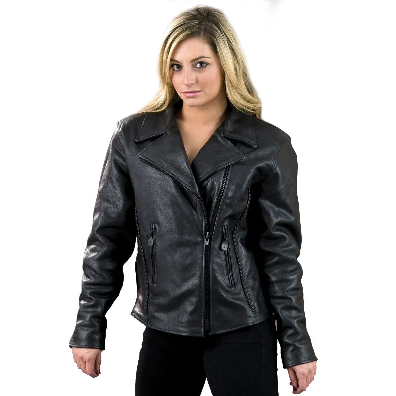 Milwaukee Leather ML7023 Women's 'Braided' Black Leather Jacket with Studs A-Line Jacket Boat Neck Shawl Collar