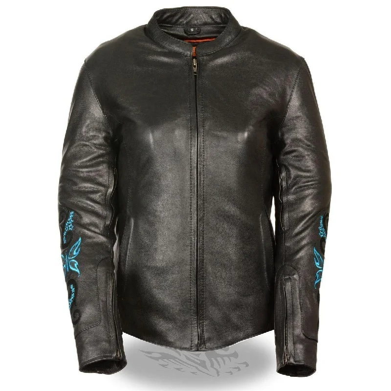 Milwaukee Leather ML2071 Women's Black Leather Jacket with Turquoise Butterfly Design Print Jacket Jacquard Jacket Patchwork Jacket