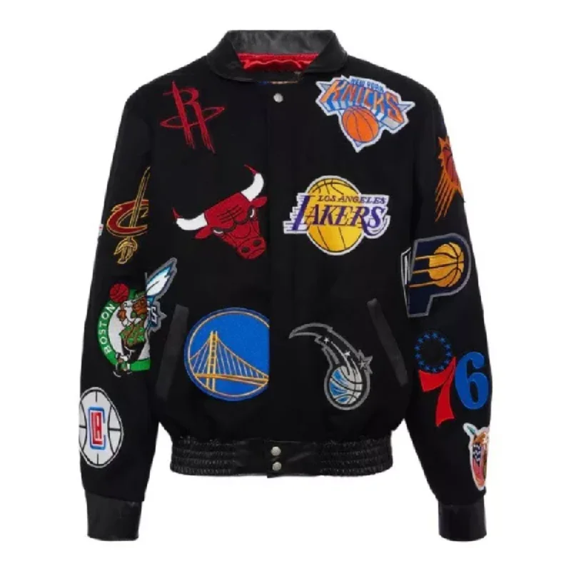 NBA Collage Patch Bomber Jacket Snapped Jacket Toggled Jacket Drawstring Jacket