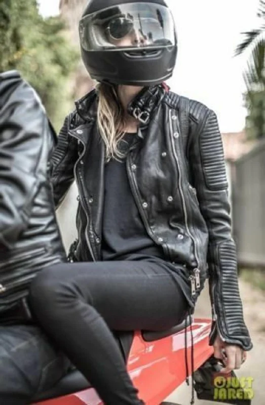 New Women Ladies Jacket Biker Black Moto Genuine Real lambskin Leather Jacket Front Pockets Side Pockets Patch Pockets