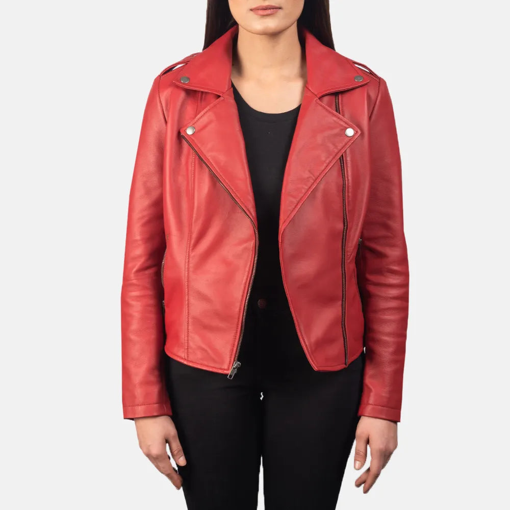 Red Biker Jacket Women's - Sheepskin Leather Embroidered Jacket Appliqued Jacket Beaded Jacket