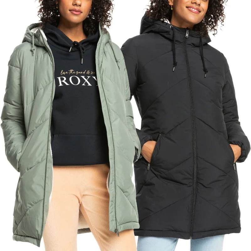 Roxy Womens Better Weather Hooded Longline Padded Jacket Mesh Jacket Canvas Jacket Denim Jacket