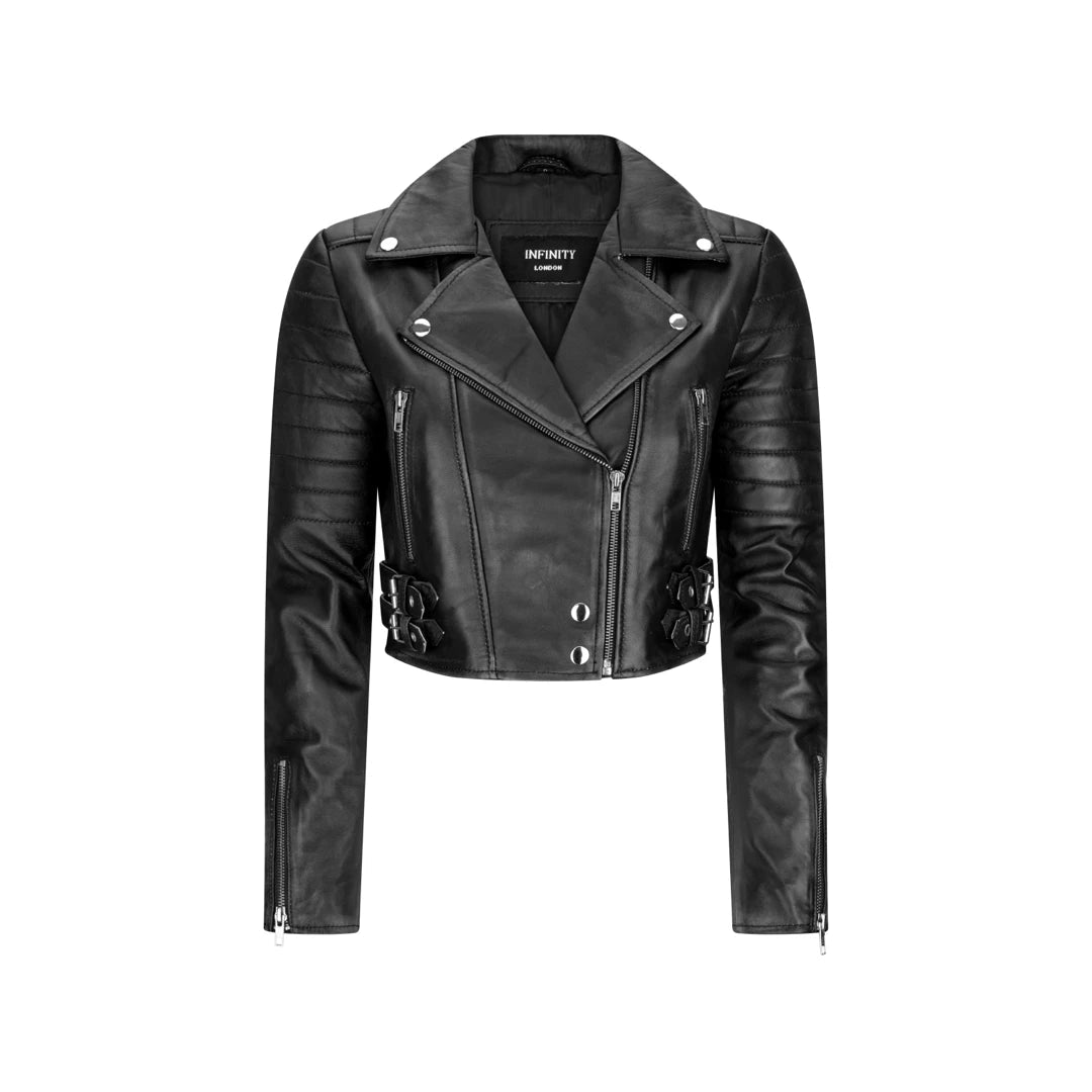 Women's Short Leather Jacket Cross Zip Biker Brando Soft Classic Stand-Up Collar Roll-Neck Collar Turtle Neck