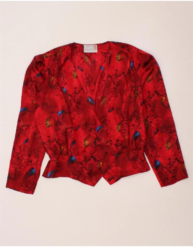 VINTAGE Womens Blazer Jacket IT 42 Medium Red Floral A-Line Jacket Boat Neck Shawl Collar