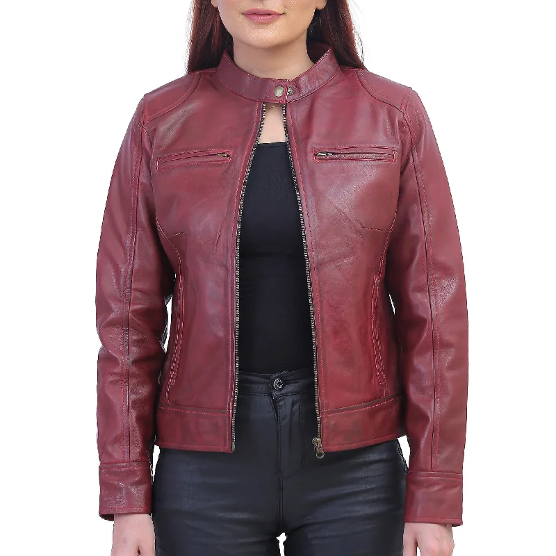 Woman Maroon Biker Jacket Zippered Front Buttoned Front Snap Front