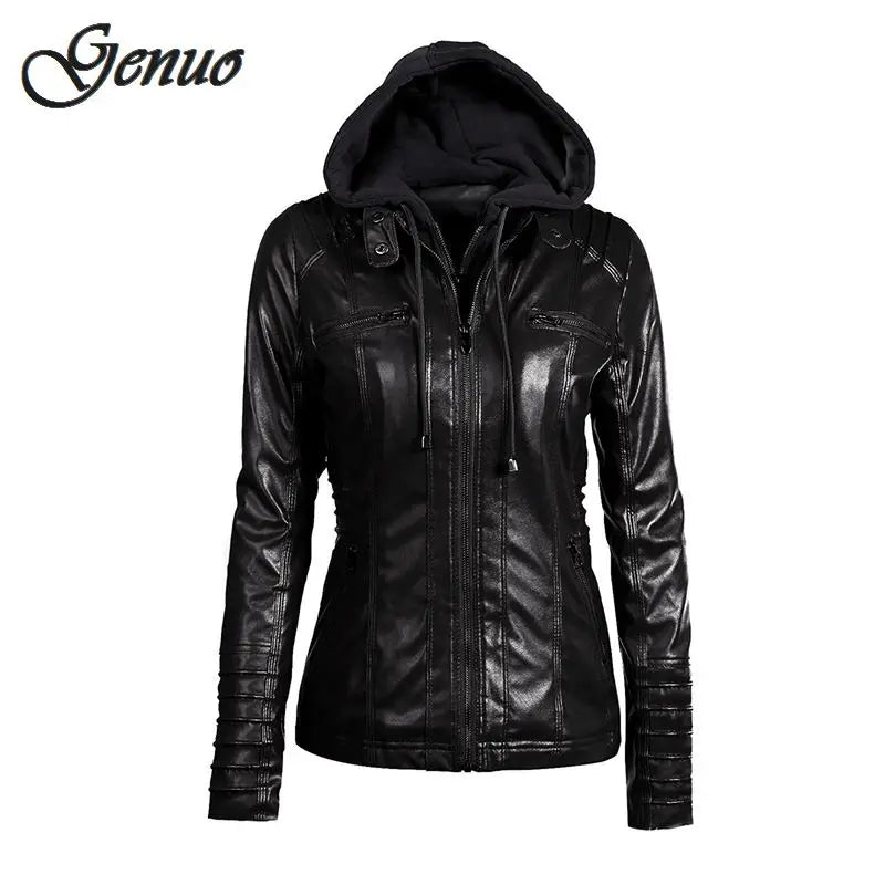 FZ Women's Faux Leather PU Hooded Jacket Notch Collar Jacket Peter Pan Collar Jacket Cowl Neck Jacket