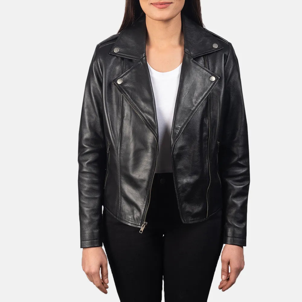 Women Leather Jacket in Black Snapped Jacket Toggled Jacket Drawstring Jacket