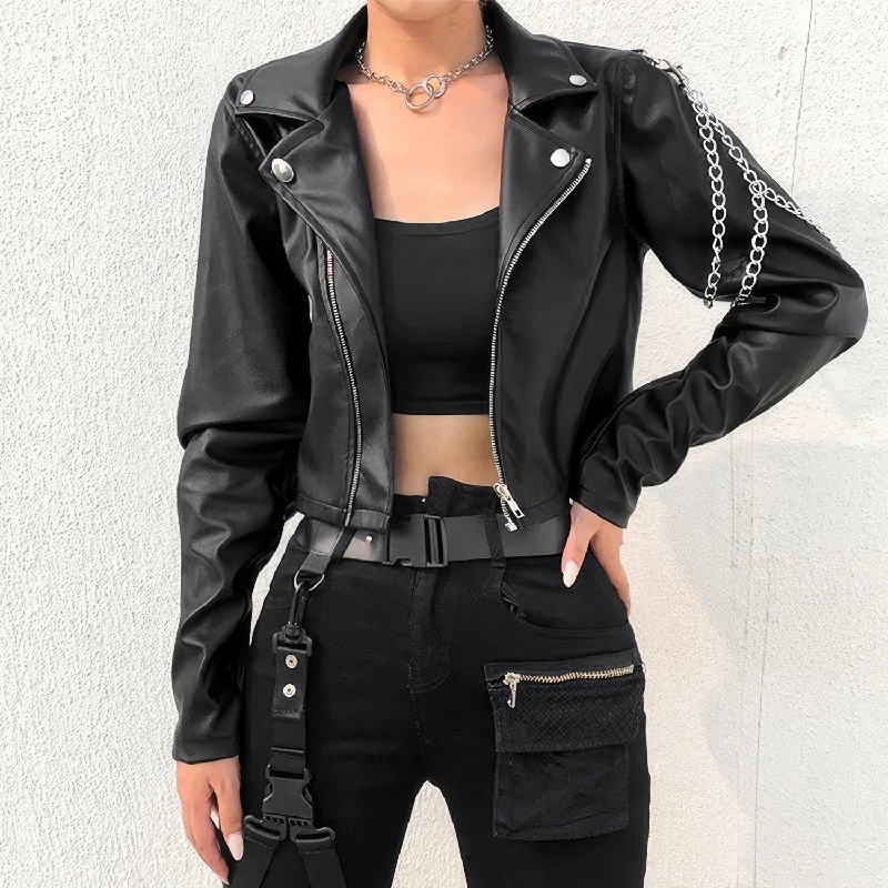 Women’s Black Biker Genuine Sheepskin Lapel Collar Café Racer Classic Slim Fit Epaulet Chain Asymmetric Punk Leather Jacket Notch Collar Peter Pan Collar Cowl Neck