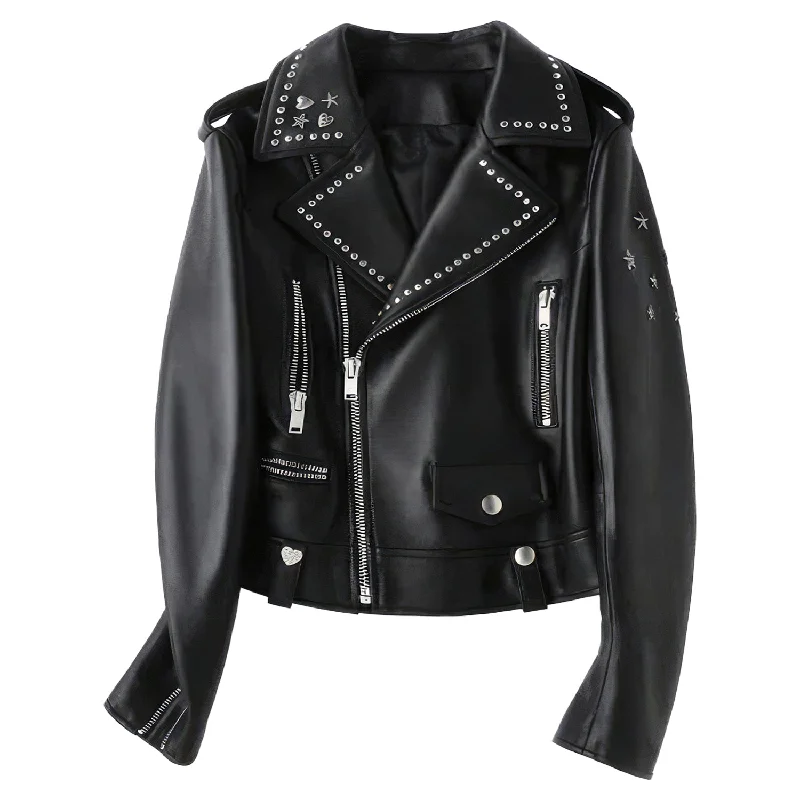 Women’s Black Biker Genuine Sheepskin Lapel Studded Collar Celebrity Style Sporty Café Racer Slim Fit Leather Jacket Welt Pockets Slit Pockets Flap Pockets