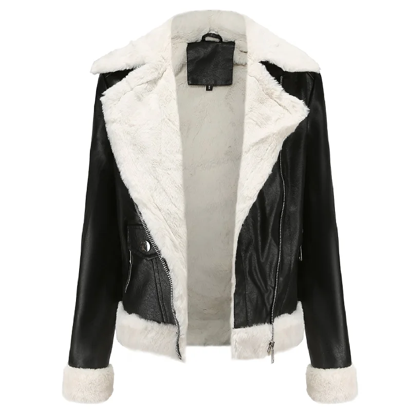 Women’s Black Biker Genuine Sheepskin Sherpa Shearling Faux Fur Moto Café Racer Asymmetric Bomber Leather Jacket Cotton Fabric Linen Fabric Terry Fabric