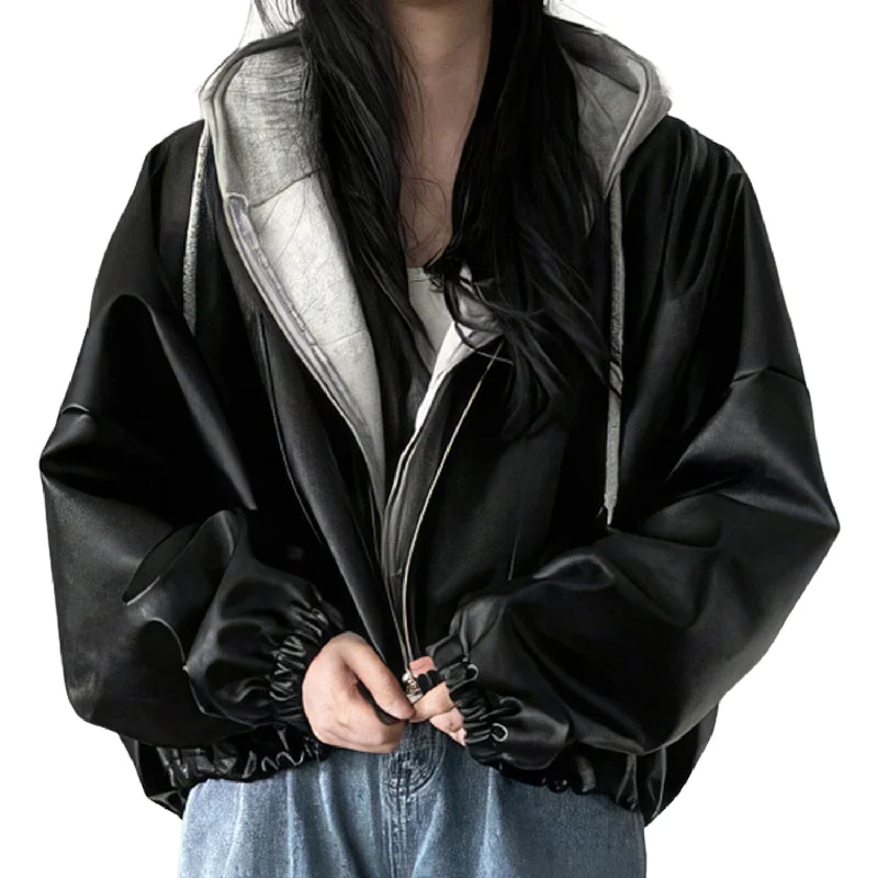 Women’s Black Biker Genuine Sheepskin Stand Collar Oversized Outfit Korean Sporty Moto Rider Loose Leather Jacket Fleece Jacket Down Jacket Feather Jacket