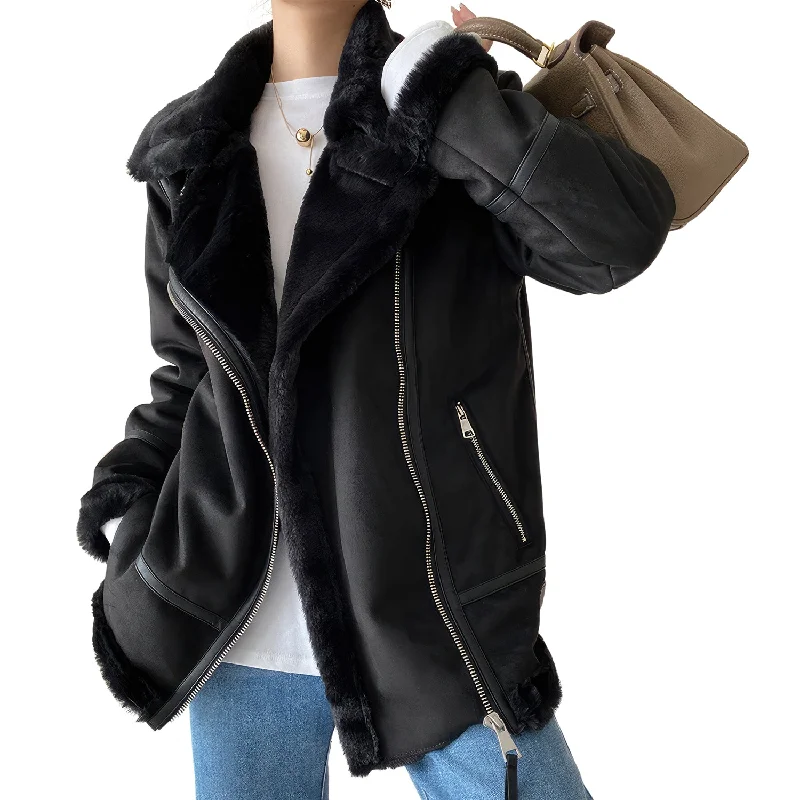 Women’s Black Genuine Suede Sherpa Shearling Faux Fur Lined High Street Moto Biker Winter Warn Thick Loose Leather Jacket Striped Jacket Polka Dot Jacket Floral Jacket