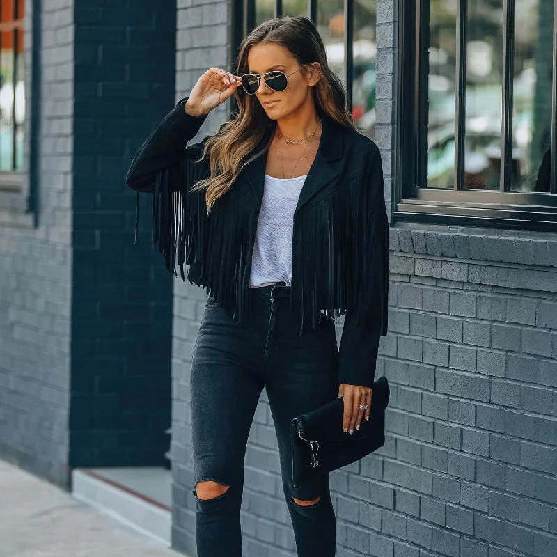 Women’s Black Genuine Suede Tassel Lapel Long Sleeve Motor Biker Native American Vintage Cropped Leather Jacket Wool Jacket Cashmere Jacket Tweed Jacket