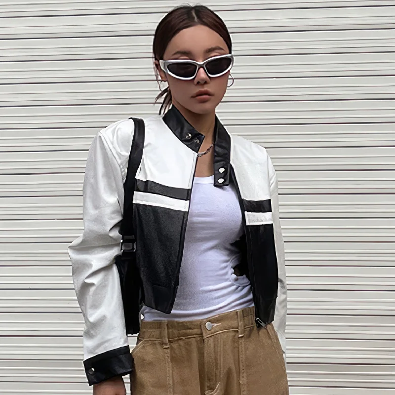 Women’s Black White Biker Genuine Sheepskin Stand Collar Oversized Cropped Top Hip Hop Punk Style Sporty Racer Leather Jacket Chenille Fabric Brocade Fabric Lace Fabric