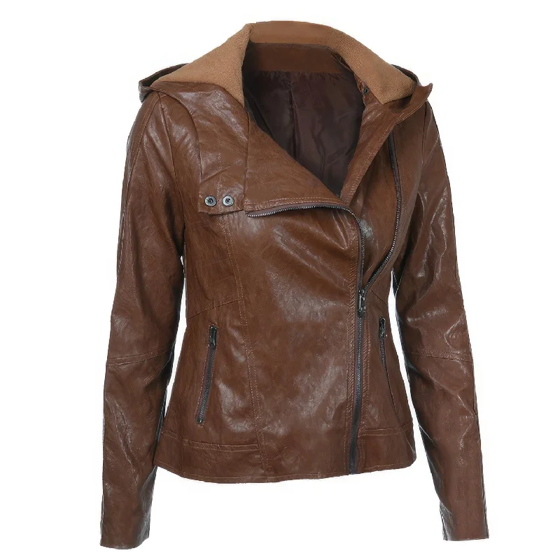 Women’s Brown Biker Genuine Sheepskin Hooded Scooter Sporty Crossover Vintage Slim Fit Asymmetric Leather Jacket Chenille Jacket Brocade Jacket Lace Jacket