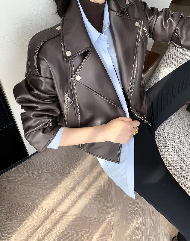 Women’s Brown Biker Genuine Sheepskin Lapel Collar Classic Korean Style Fashion Outfit Short Oversized Real Leather Jacket Stand-Up Collar Roll-Neck Collar Turtle Neck