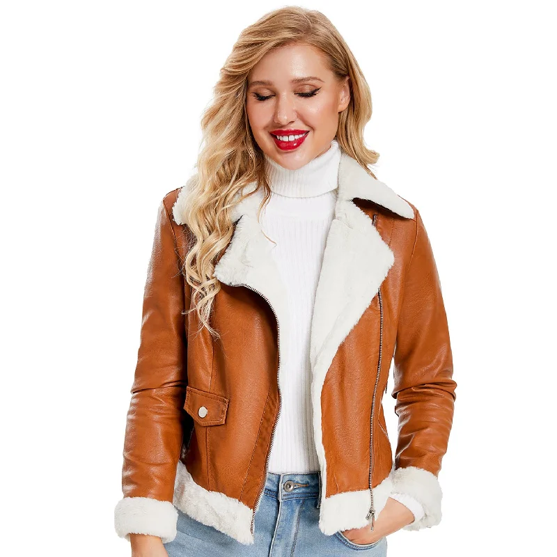 Women’s Brown Biker Genuine Sheepskin Sherpa Shearling Faux Fur Moto Café Racer Asymmetric Bomber Leather Jacket Satin Jacket Silk Jacket Chiffon Jacket